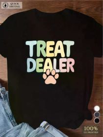 Very good "TREAT DEALER" pattern t-shirt for ladies, casual round neck, quick-dry polyester knit fabric, regular length, with geometric dog (Color: Black, size: XXXL)